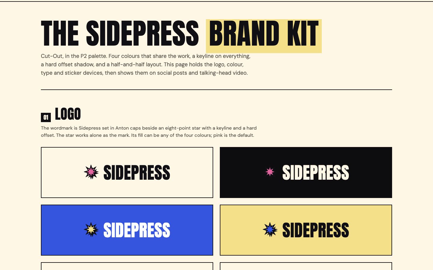 The Sidepress brand kit: wordmark on four grounds, palette and type