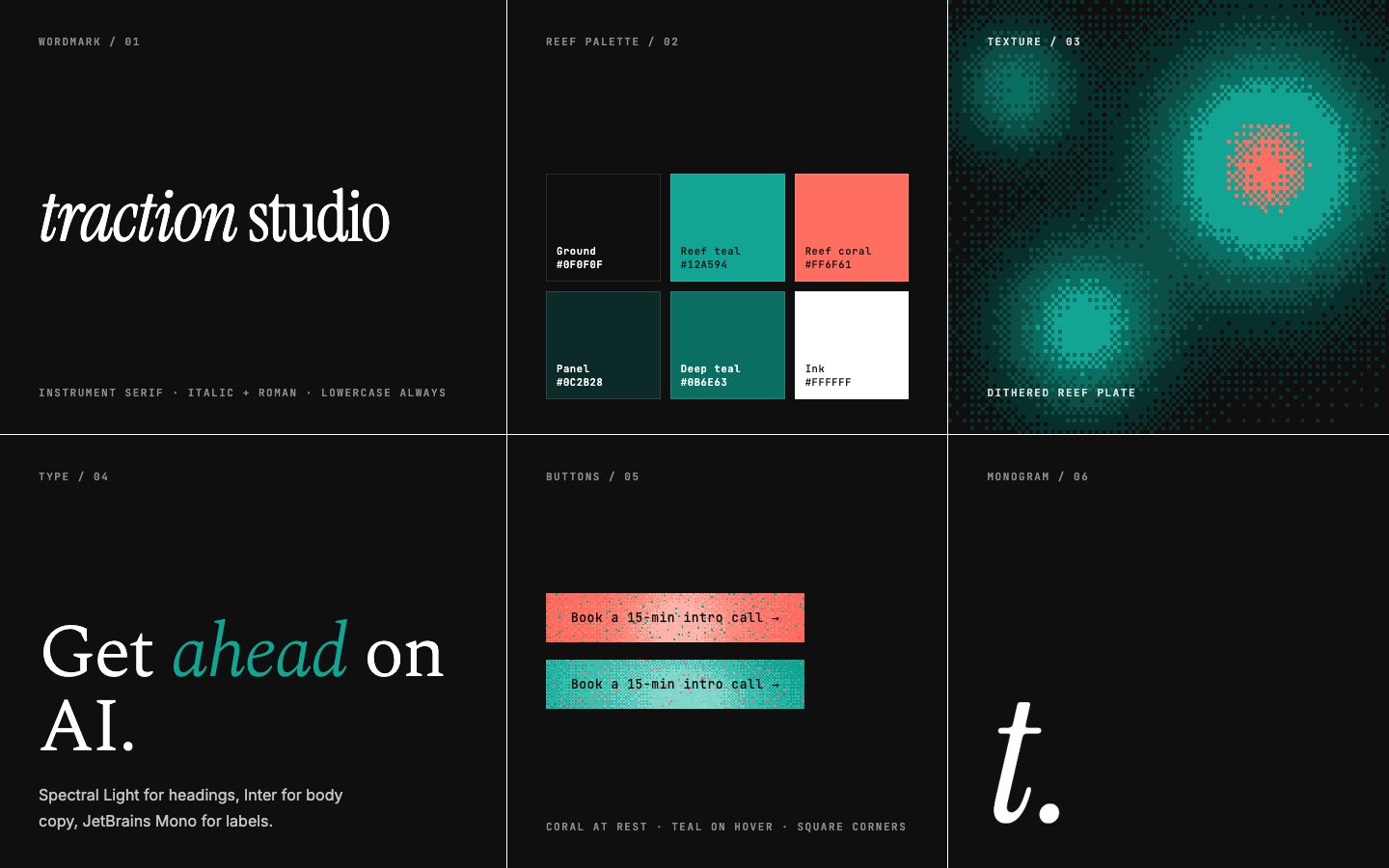 The traction studio brand board: wordmark, Reef palette, texture, type, buttons and monogram